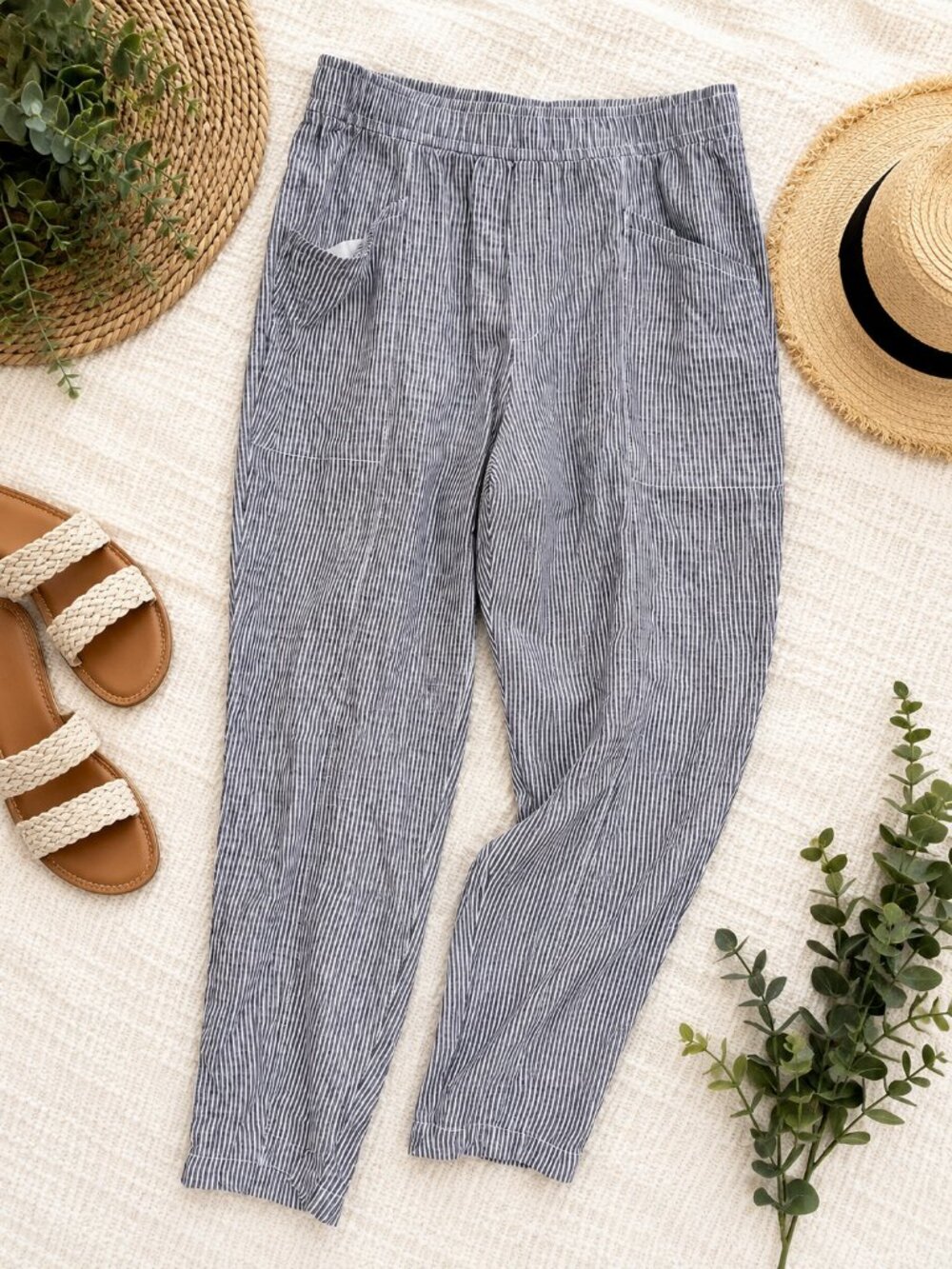 Old Navy Women’s Large Blue White Stripe Pull On Pants Casual NWT Linen/Cotton